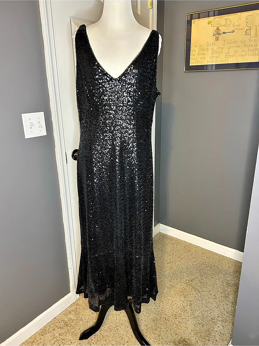 NWT Lauren Ralph Lauren Black Sequin Drapped Back Midi Formal Dress Size 14